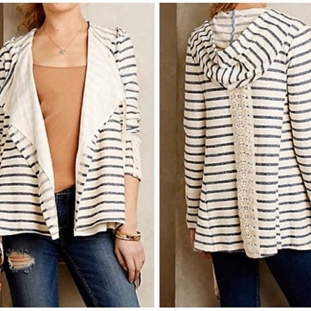 Anthropologie Saturday Sunday Blue White Stripe Hoodie Crochet Sweater Jacket S